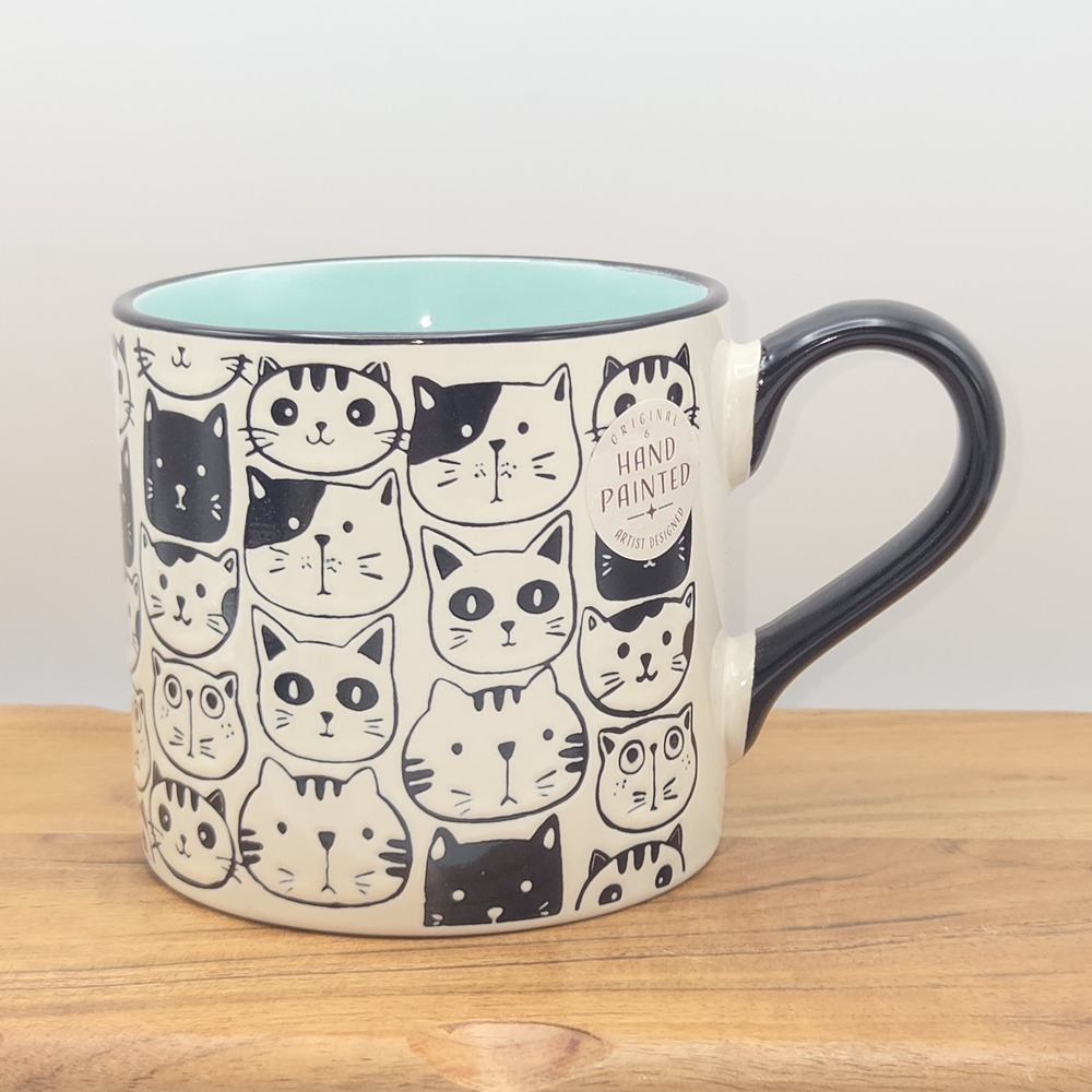 Spectrum Hand Paited Cats Embossed Ceramic Coffee Mug 18oz Cream Black Aqua